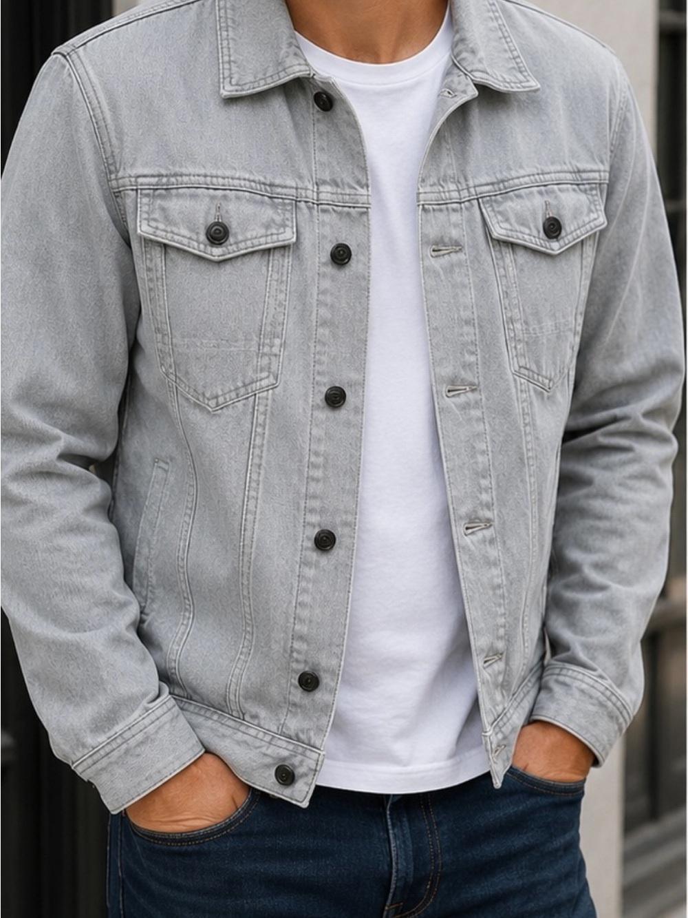 WT02 New York Denim Jacket Gray Wash Men’s Large Trucker Streetwear Button Up